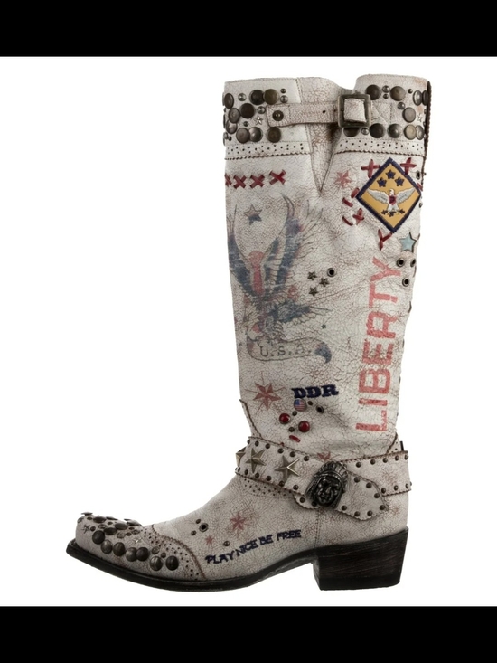 Double D Ranch Shoes - Double D Ranch Studded 'Liberty' White Graphic Western Knee Boot Sz 9